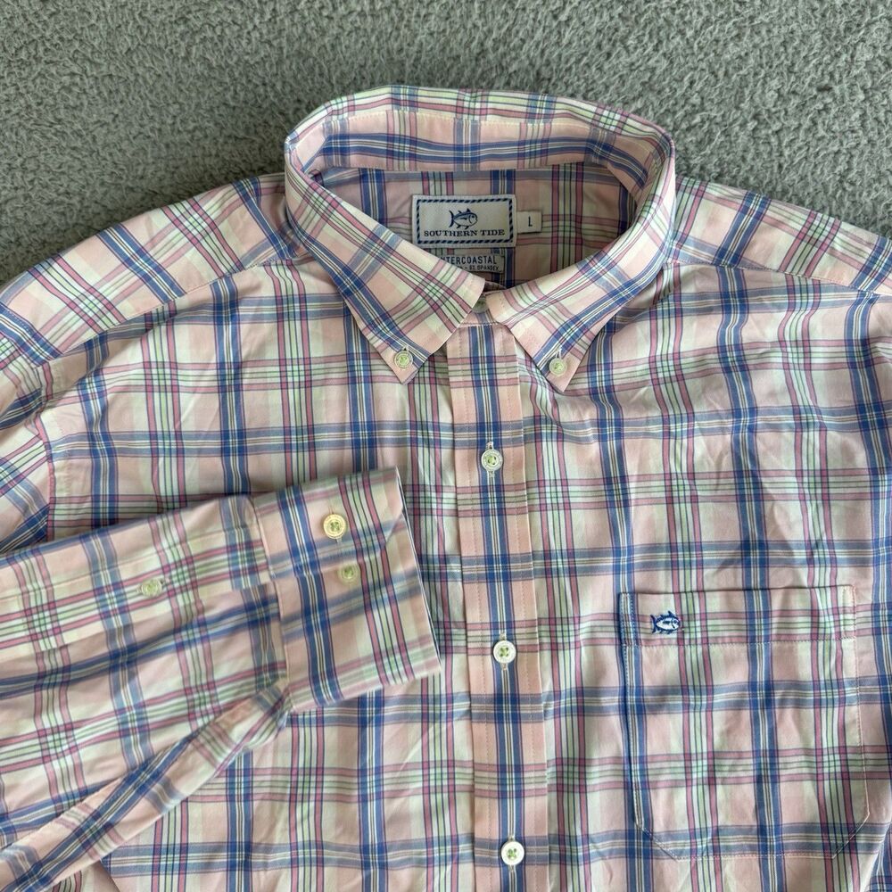 Southern Tide Shirt Mens L Pink Check Intercoastal‎ Button Down Performance
